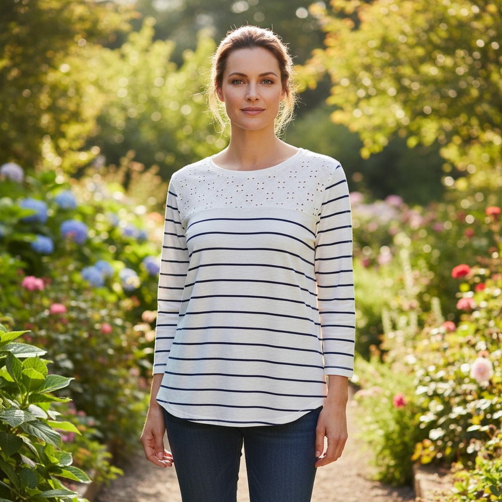 Maurices XL Tee Knit Top White Blue Stripe Eyelet Cottage‎ Coastal Casual Chic